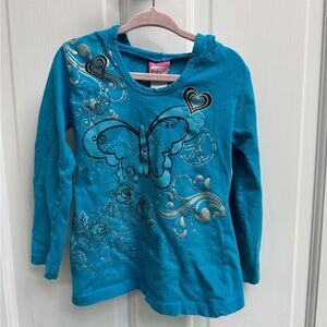 Kidgets 4T Girls Blue Long Sleeve Top Light Hoodie with Butterfly Heart Design